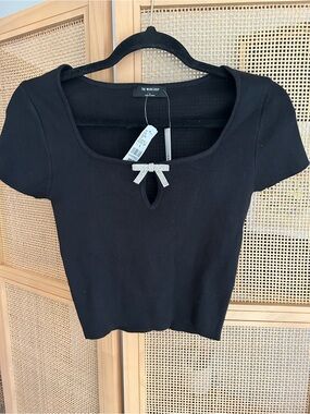 Workshop Republic Clothing Black Ribbed Scoop Top with Crystal Bow Accent